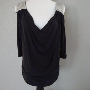 New Magic Fit Sparkle Cold Shoulder Top Drape Front Ruched Sides Black sz M